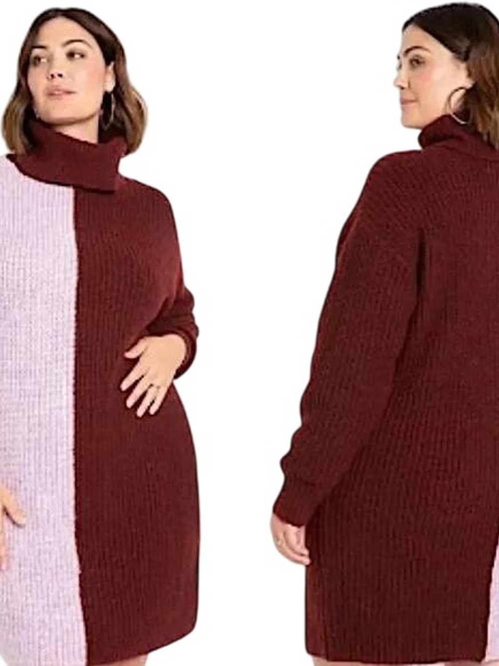 Eloquii Colorblock Turtleneck Knit Sweater Dress - Burgundy & Light Pink
